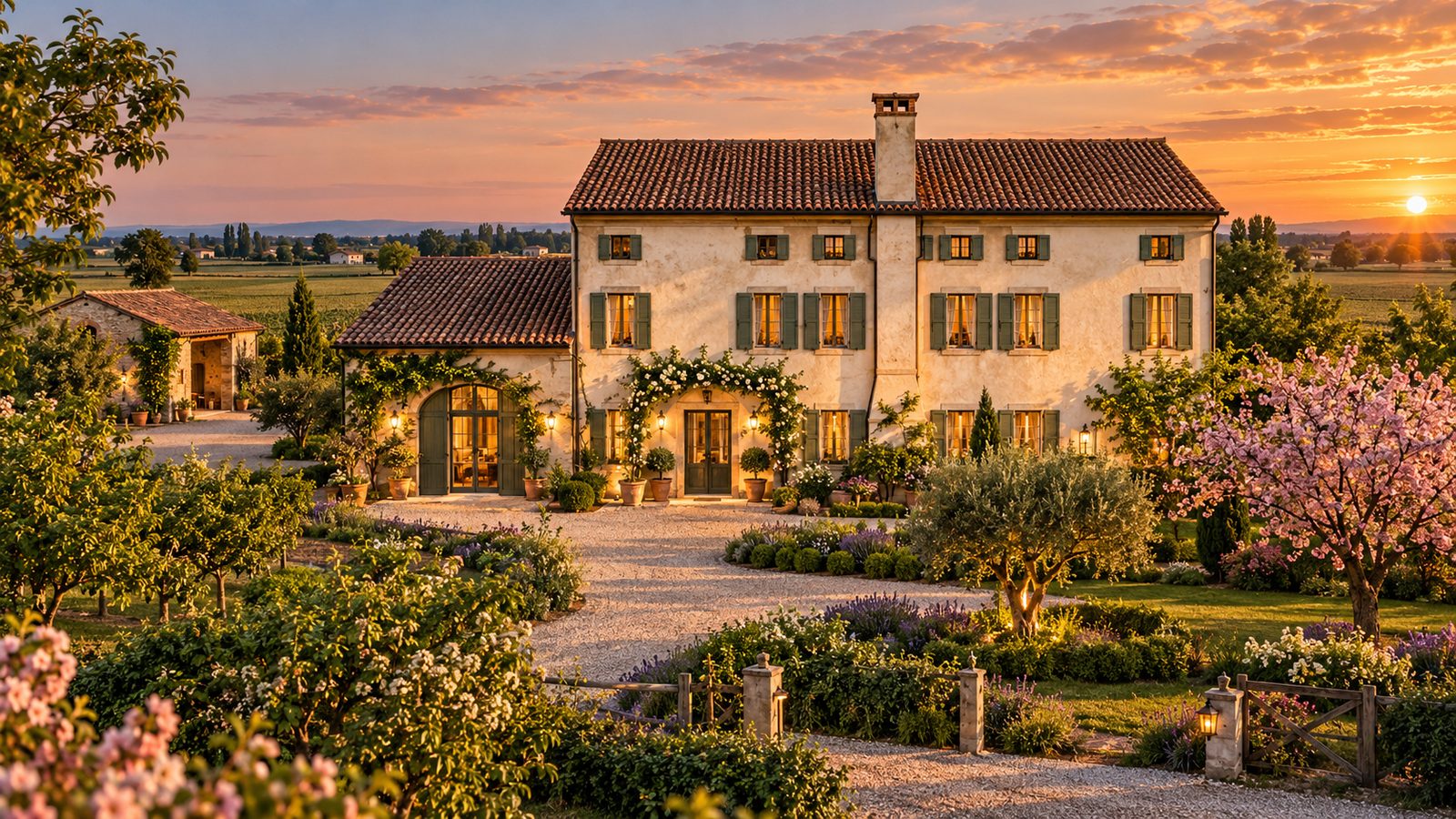 Rendering of the restored farmhouse at sunset, with garden and blossoming trees
