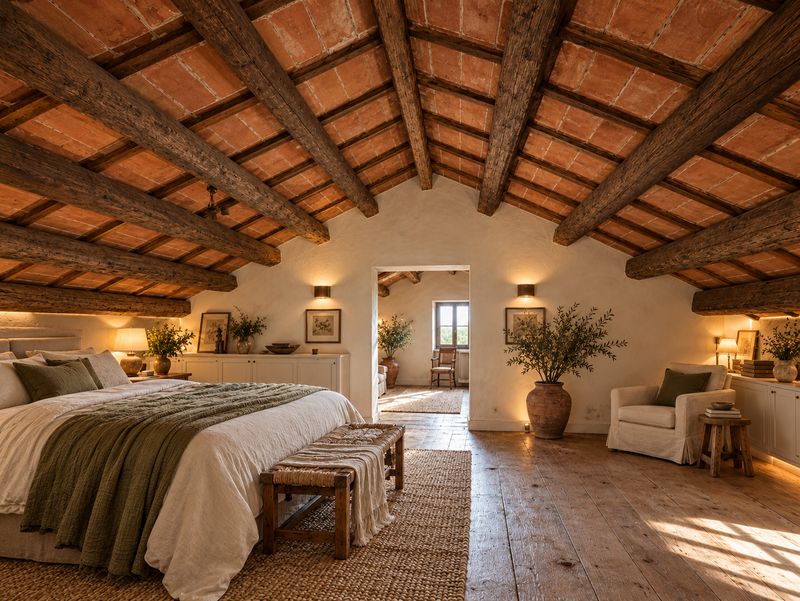 Rendering of the master suite under the exposed roof beams