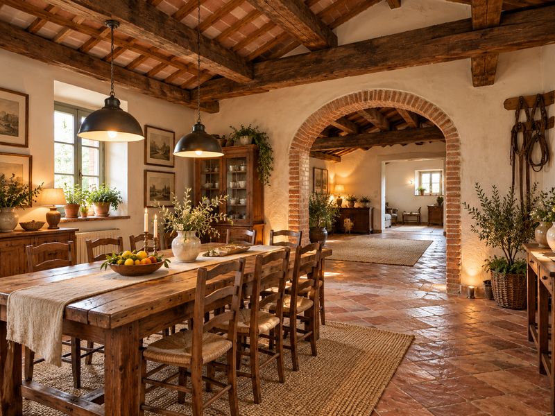Rendering of the dining room with a brick arch and terracotta floor