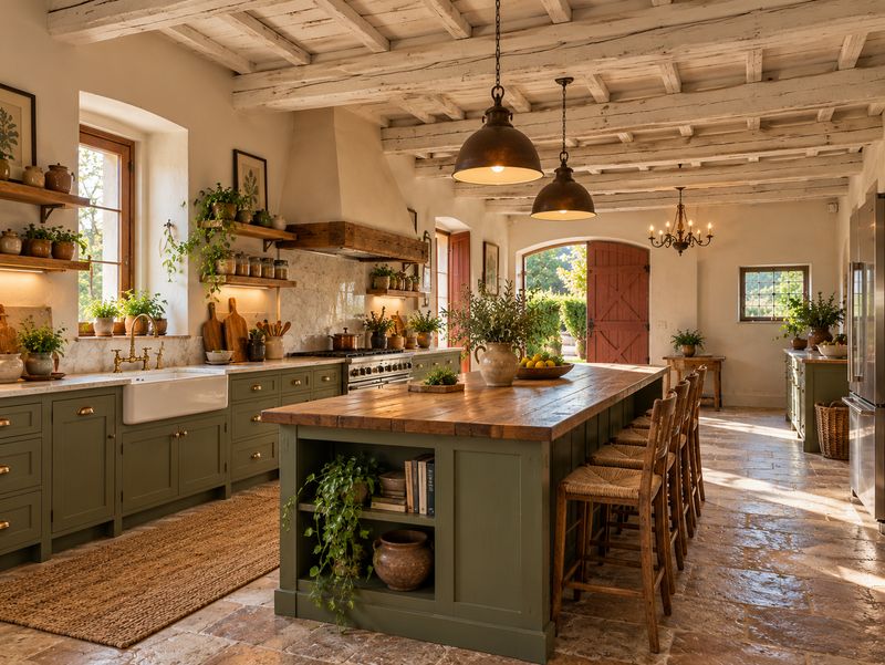Rendering of a country kitchen with a large island under timber beams