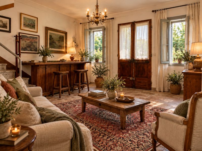 Rendering of the living room with sofas, rugs and French windows